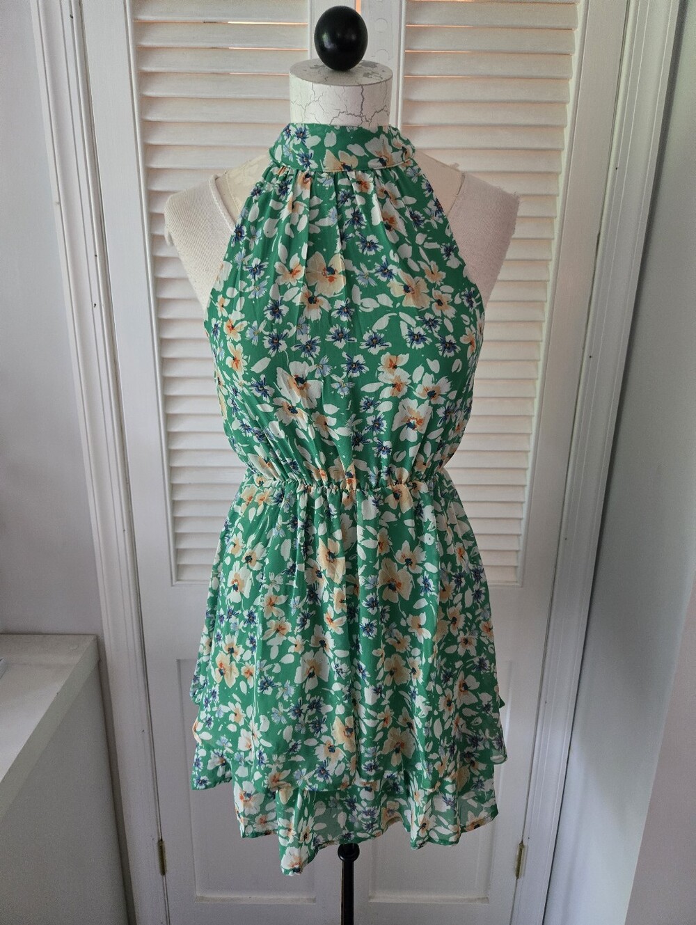Sienna Sky Green Floral Halter Dress Ruffle Tiered Boho Cottagecore S - Picture 2 of 8
